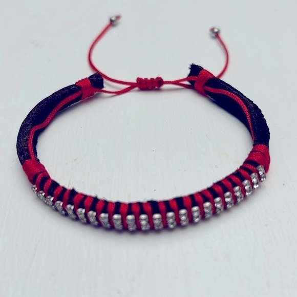 Rhinestone Leather Macrame Red Bracelet - Picture 3 of 6